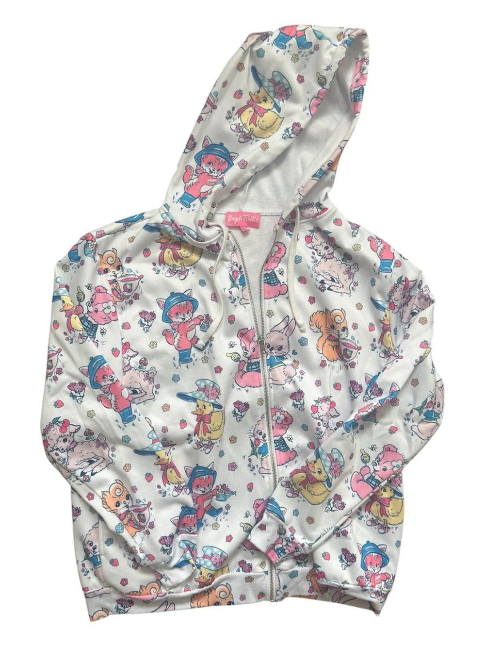 Sugar Thrillz White Hooded Zip-Up Pajama Top with Pastel Cartoon Characters